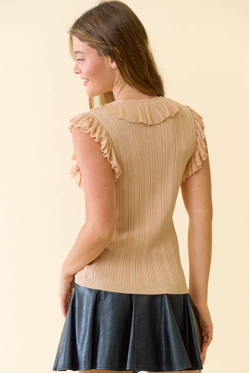 FINE KNIT RIBBED RUFFLE TIE FRONT TANK