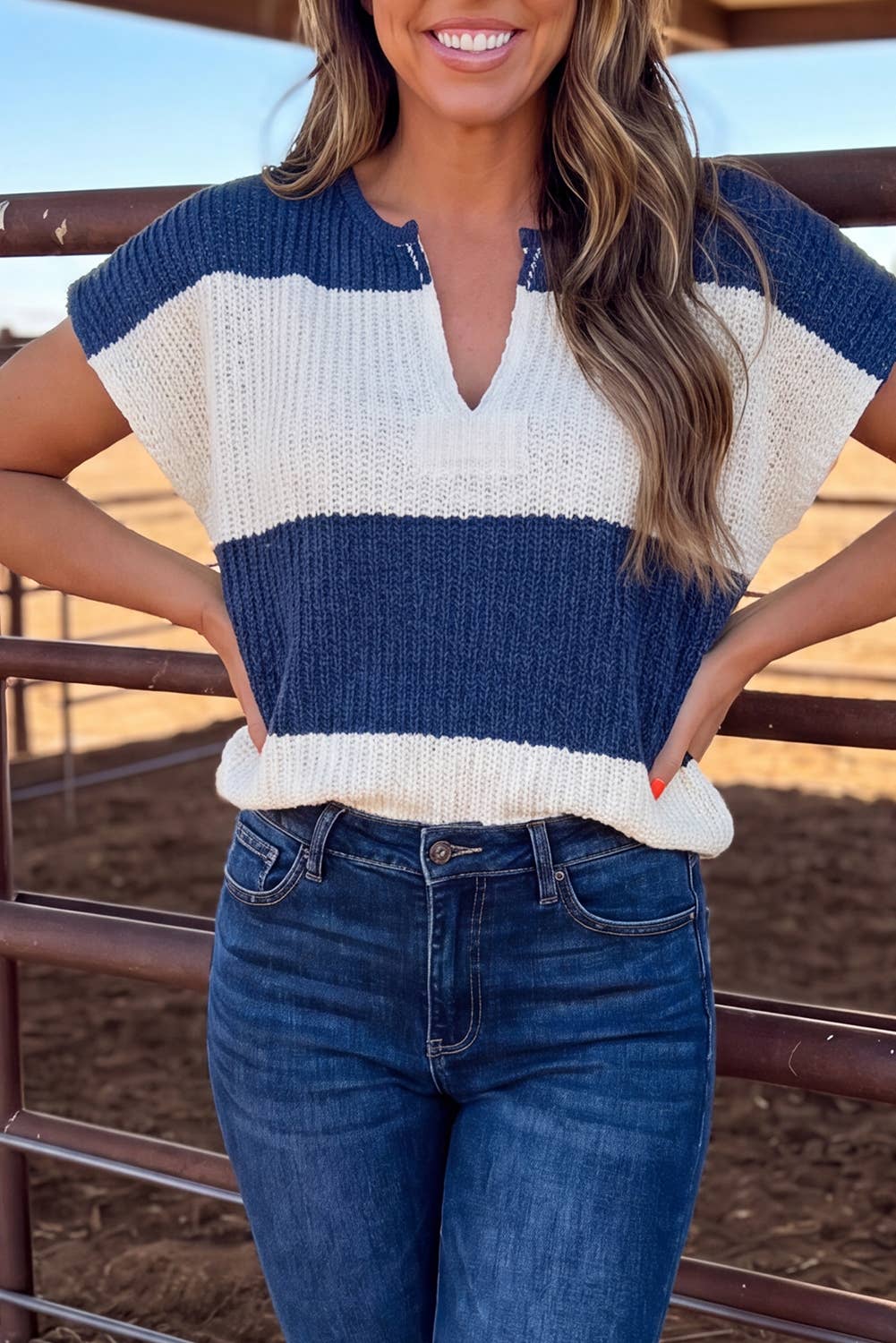 Stripe Striped Colorblock Knit Short Sleeve Loose Sweater