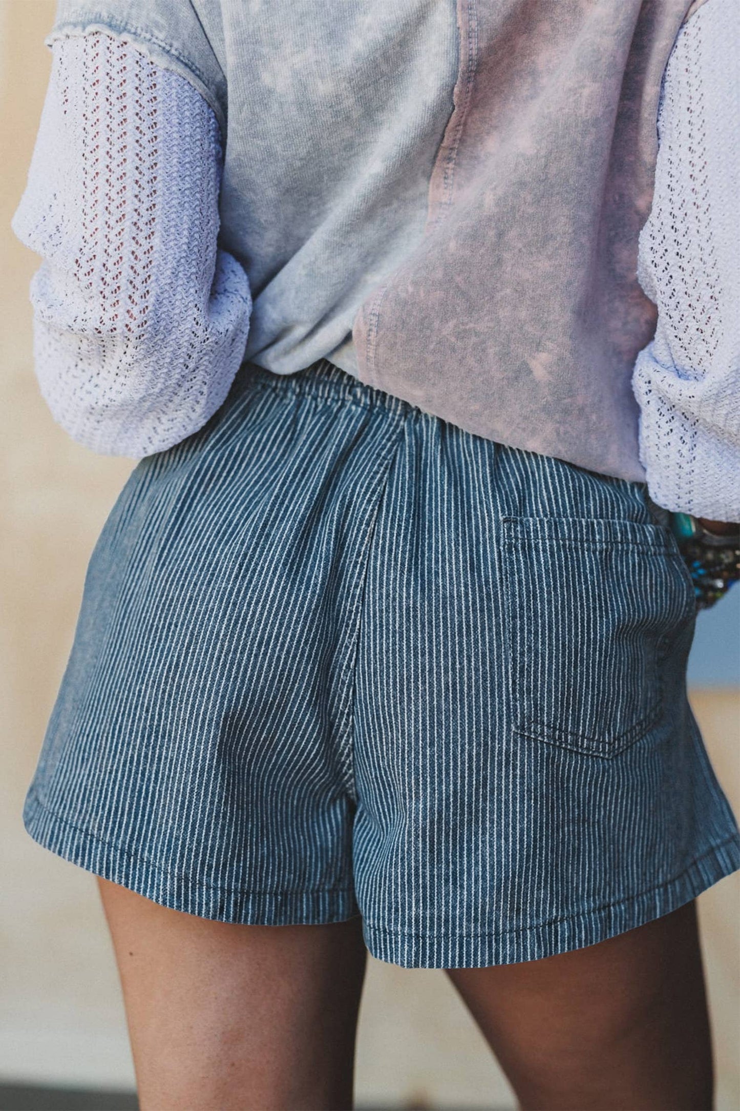 Stripe Elastic Waist Casual Denim Shorts