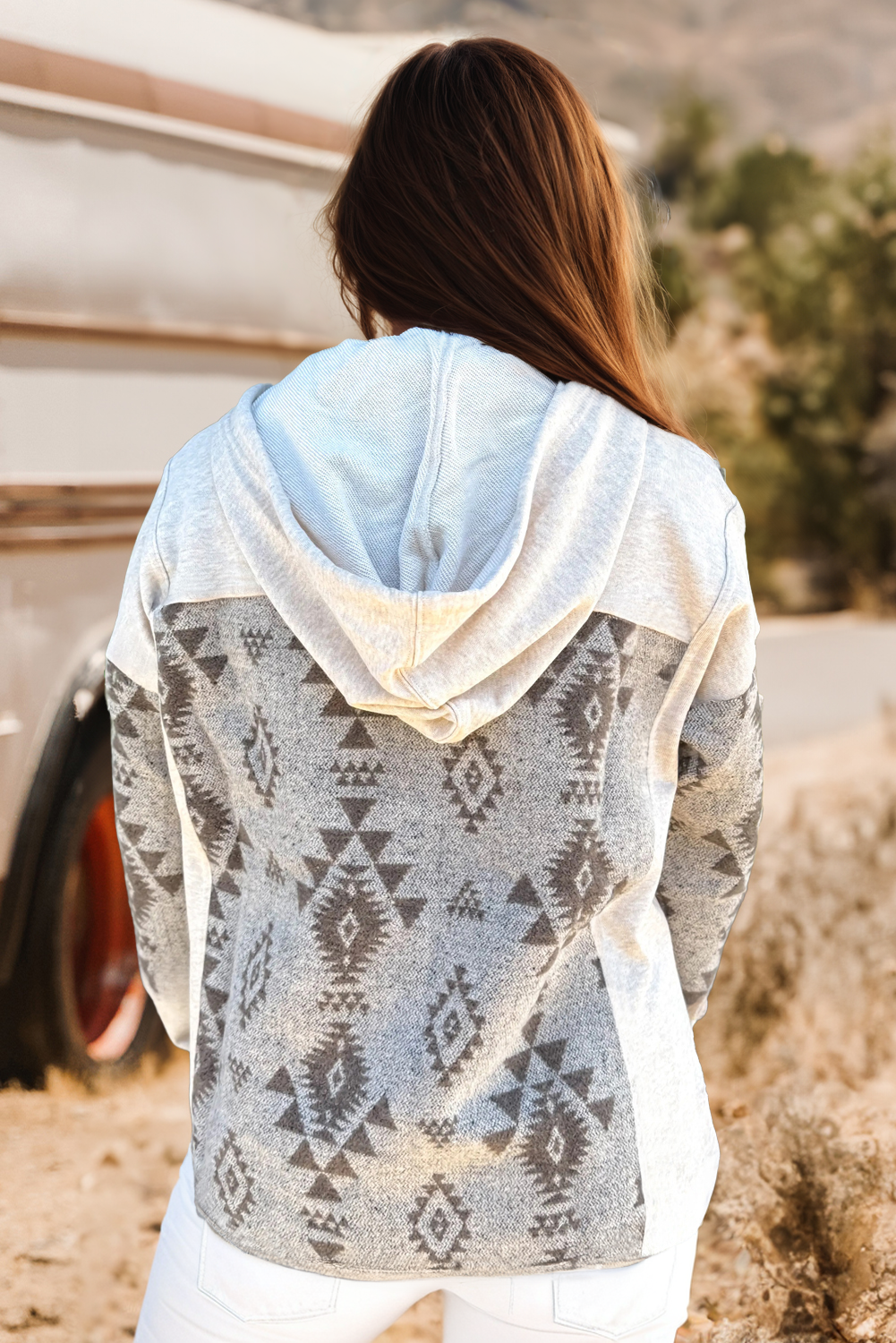 Western Aztec Print Color Block Patchwork Drawstring Hooded