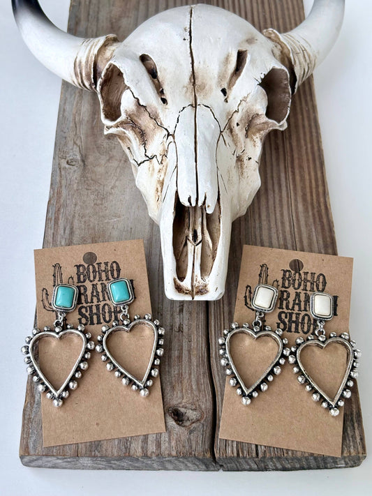 Western Style Turquoise Stone Open Heart Drop Earring