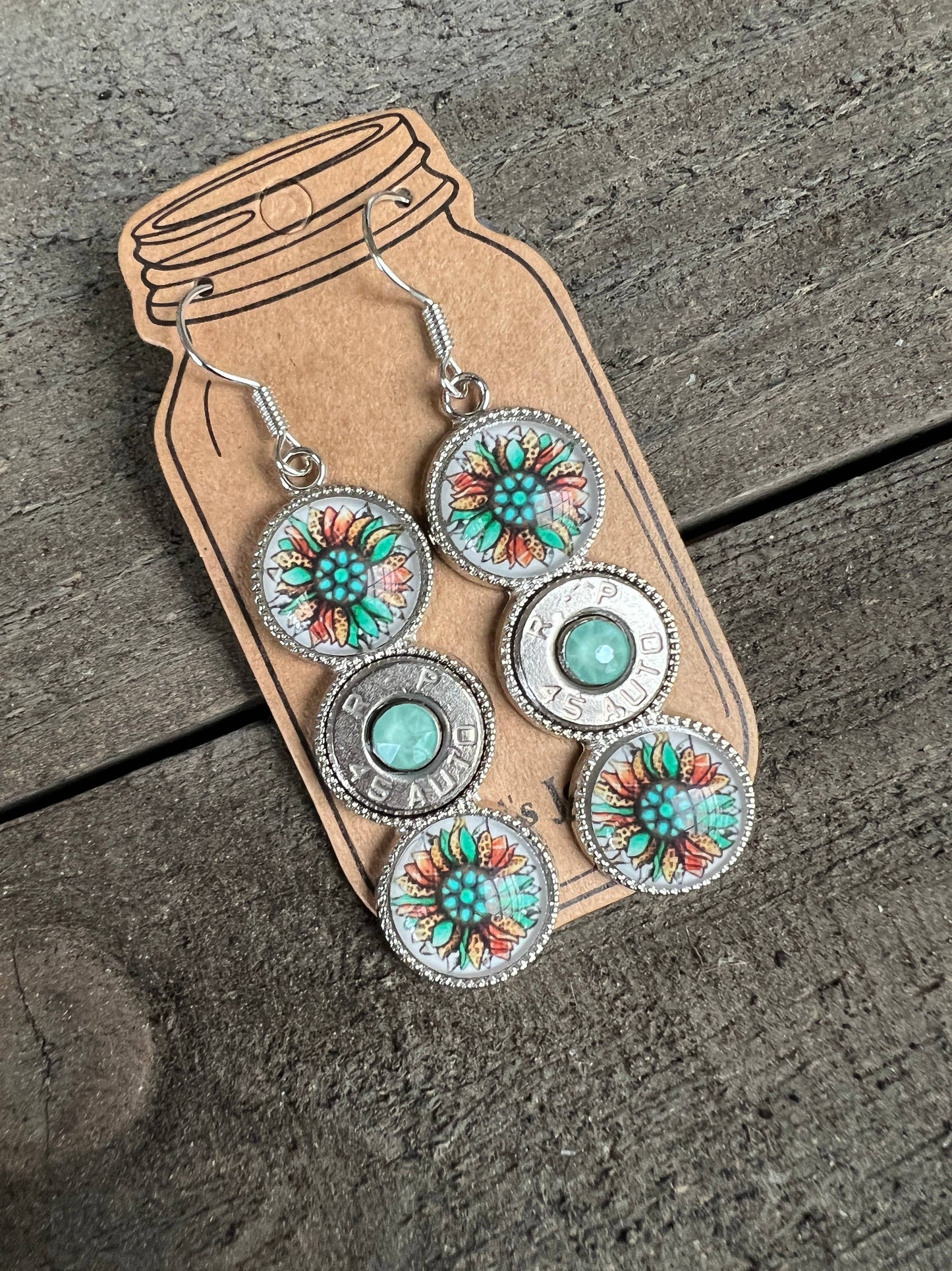 Western Daisy Triple Turquoise 45 Auto Bullet Earrings 