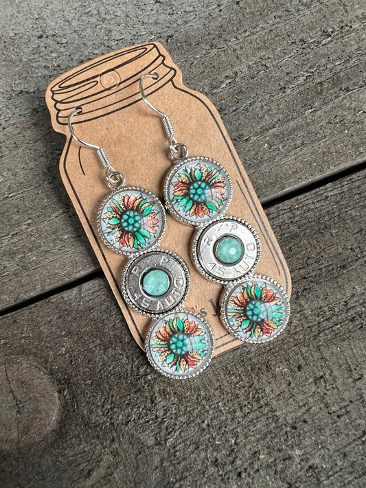 Western Daisy Triple Turquoise 45 Auto Bullet Earrings 