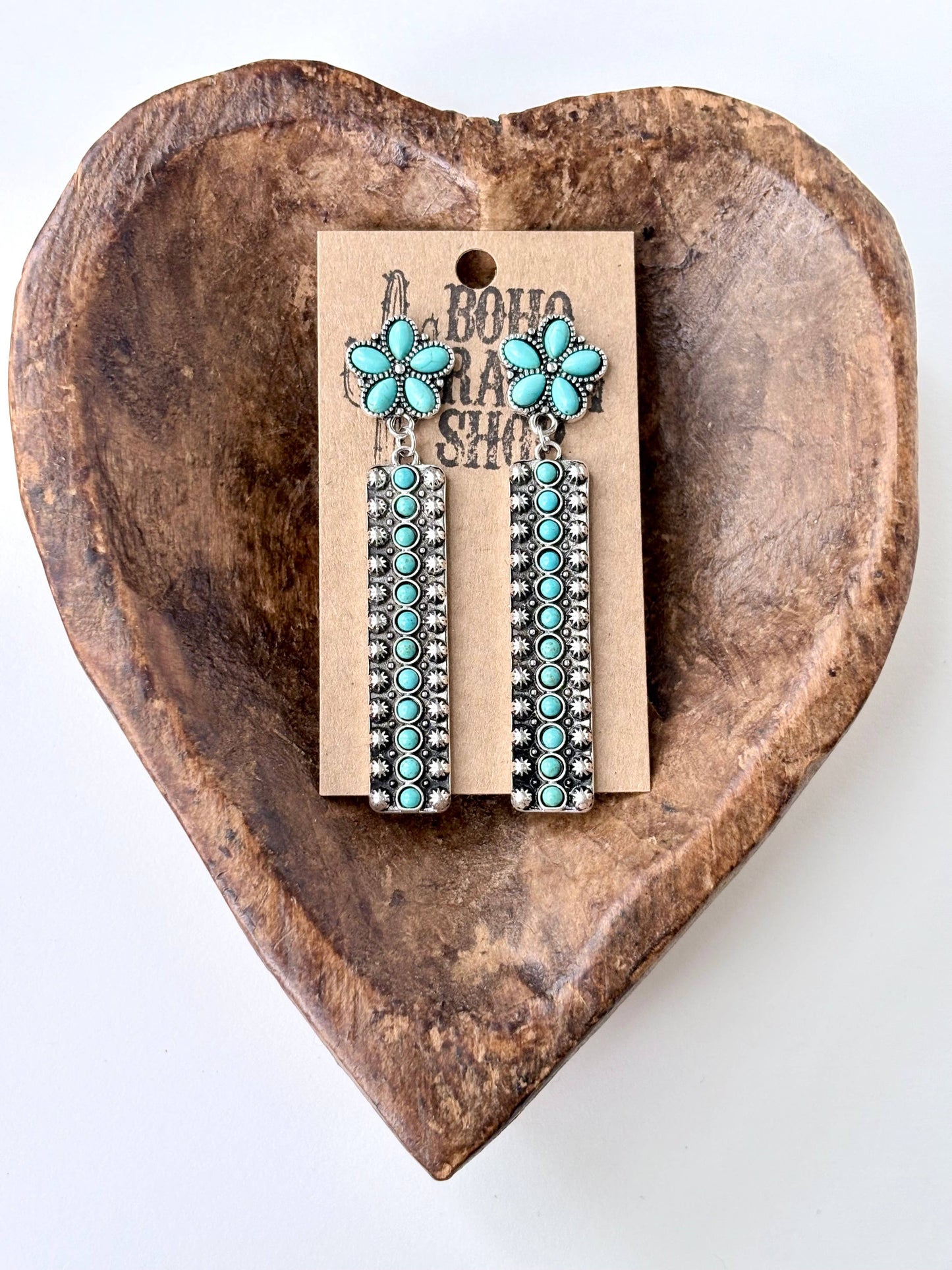 Western Turquoise Stone Flower & Bar Post Drop Earrings