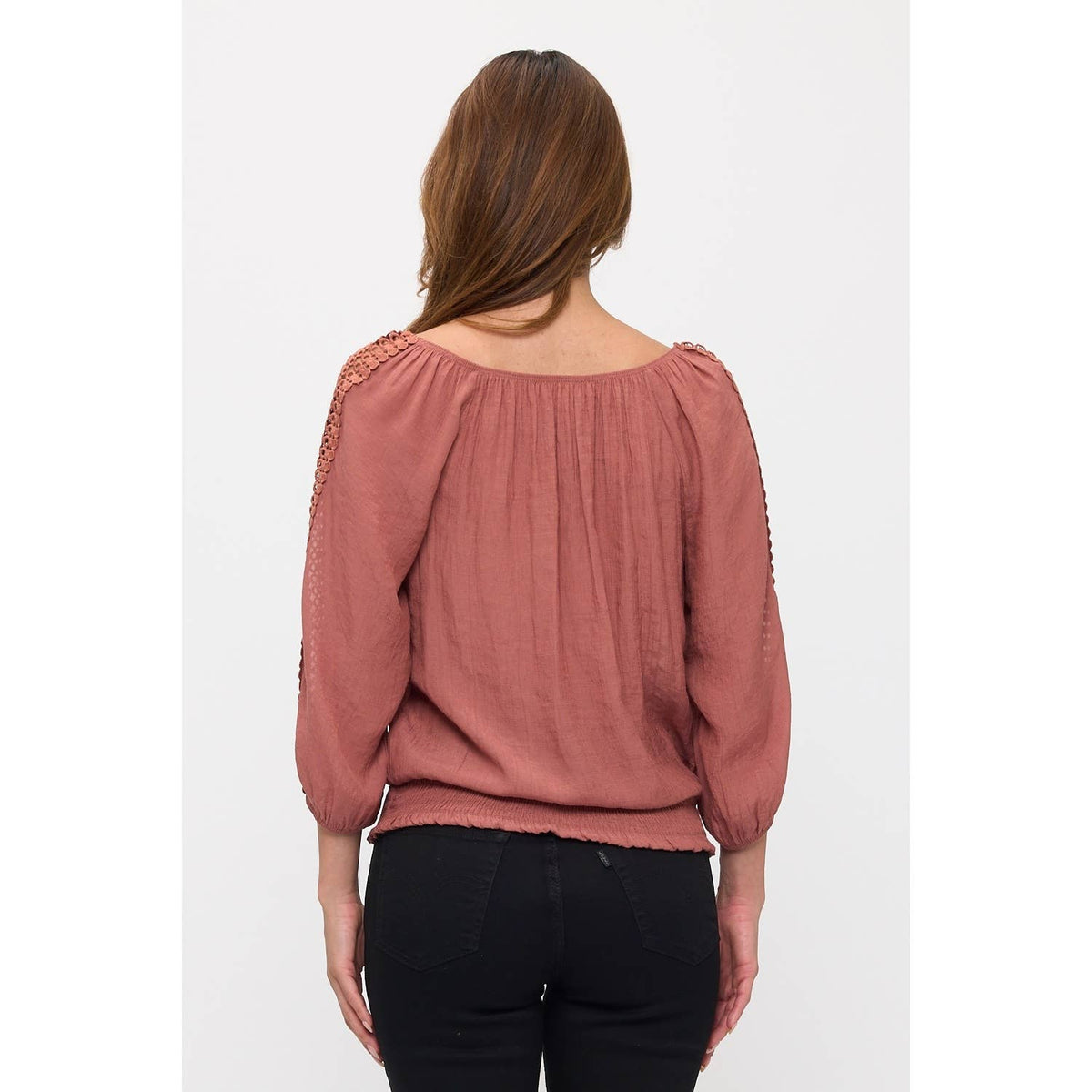 GAUZE SMOCKED WAIST CROCHET PEASANT