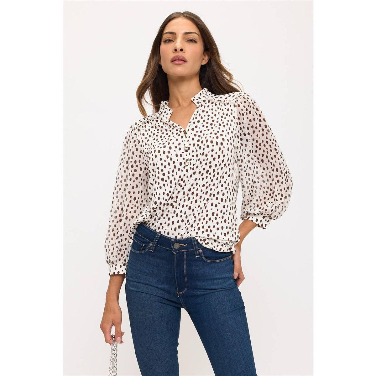 DOT SHEER SLEEVE RUFFLE SHIRT