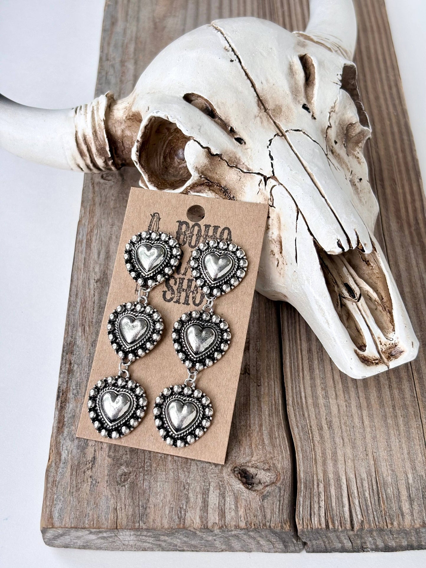 3 Tier Studded Heart, Round Concho Post Drop Earrings