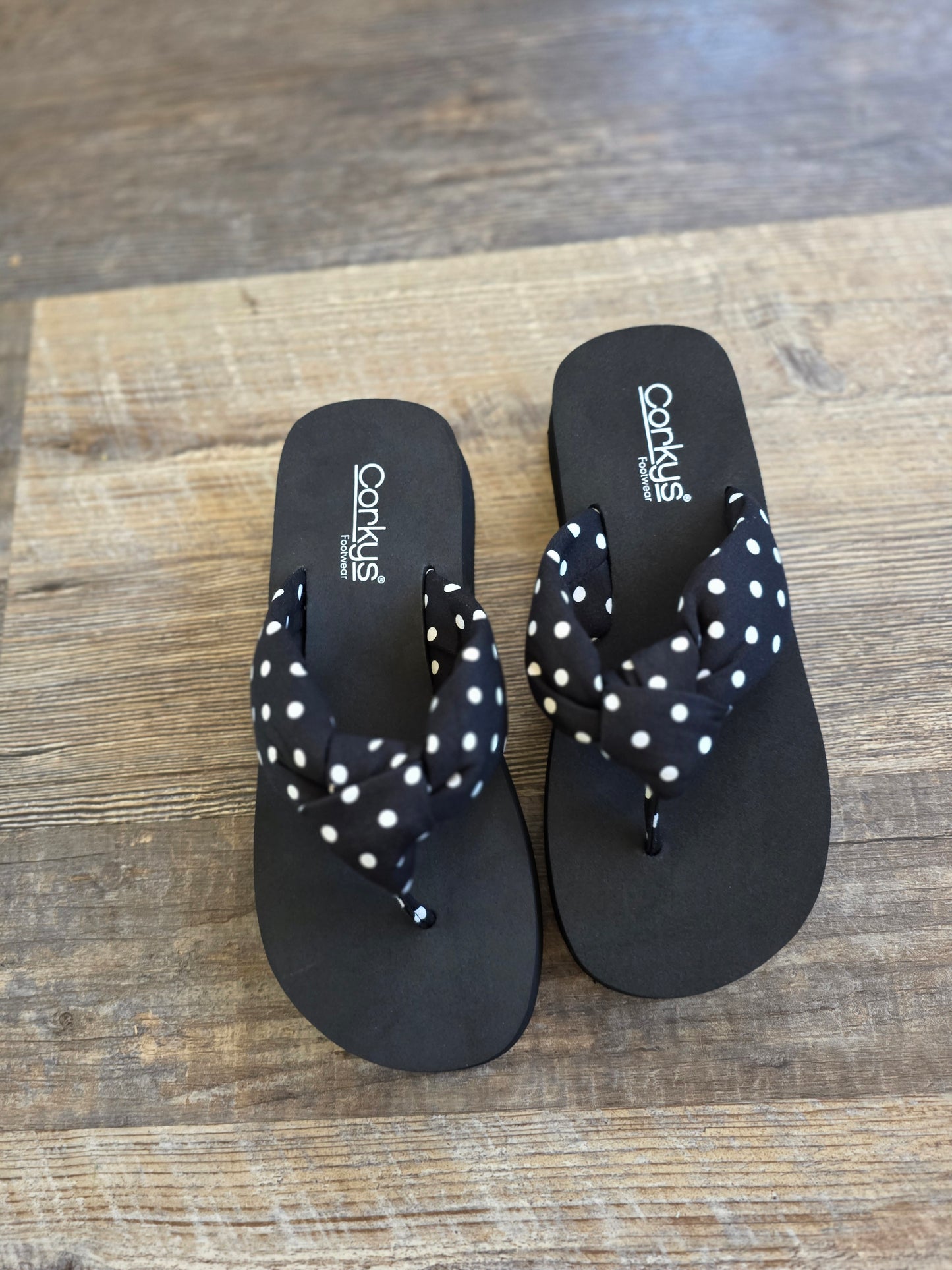 Black Polka Dot You Go Girl Corkys Flip Flops