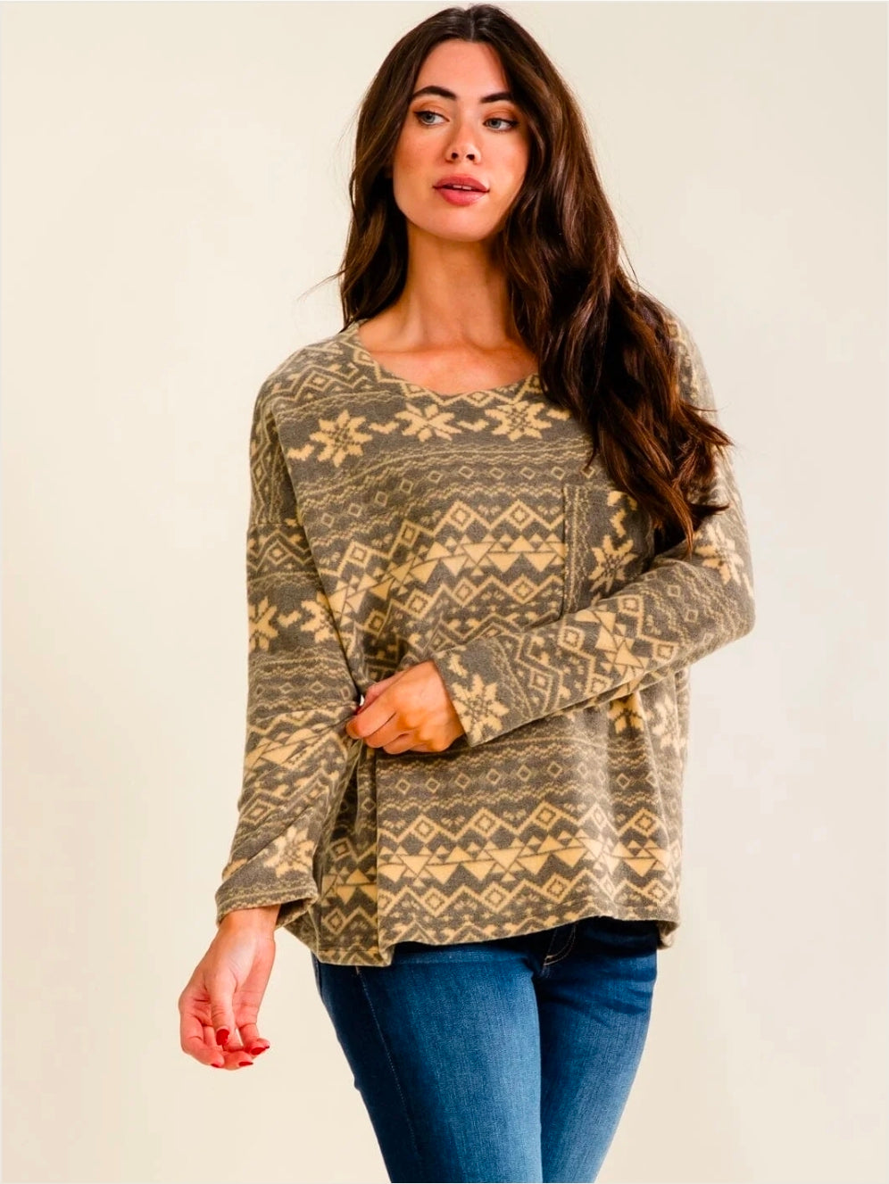 Olive Front Pocket Multi Print Top