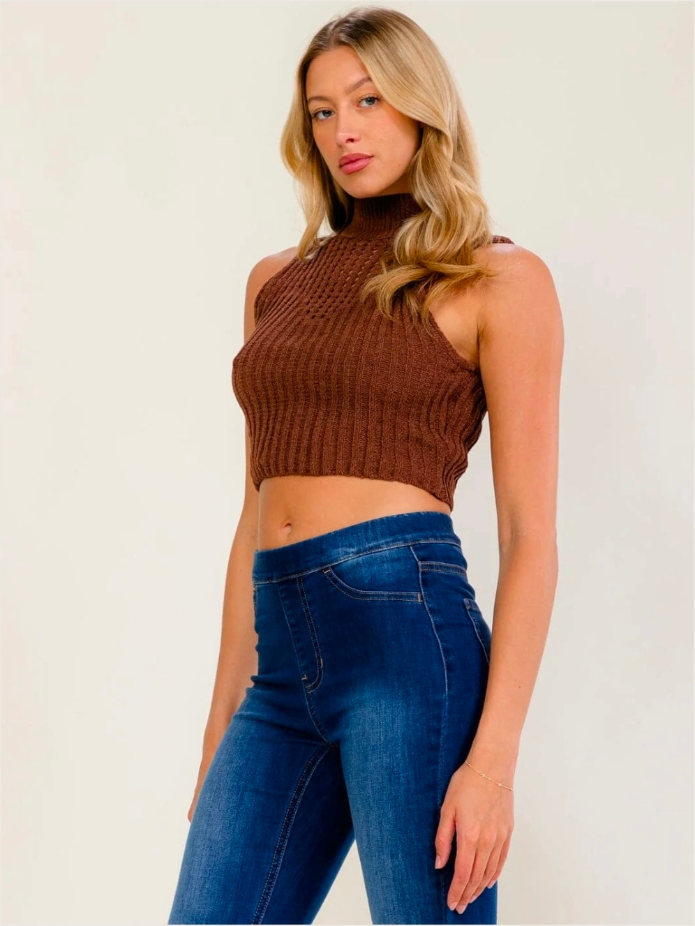 Brown Turtleneck Knit Crop Top