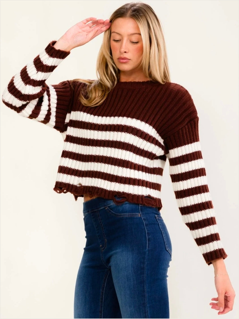 Brown Colorblock Stripes Distressed Sweater