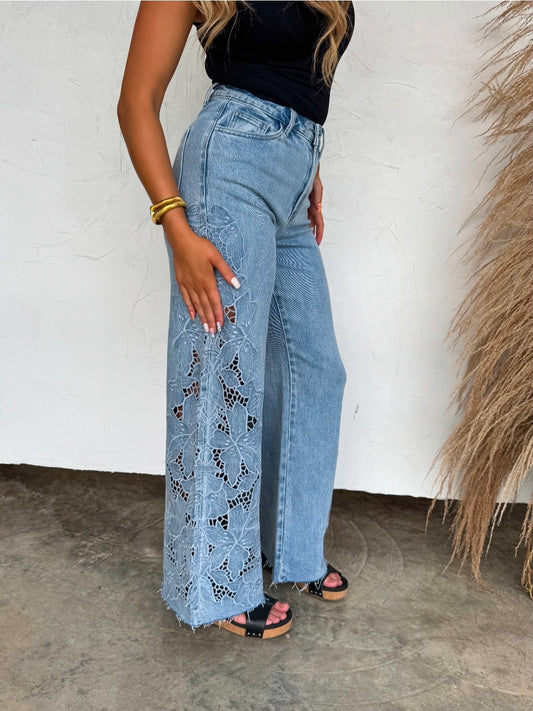 Cut-Floral Charm Wide Leg Jeans