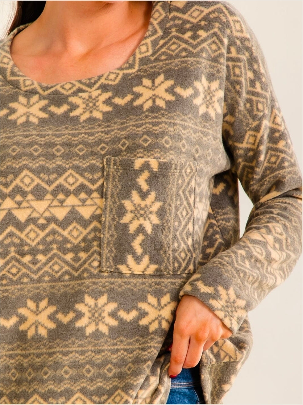 Olive Front Pocket Multi Print Top