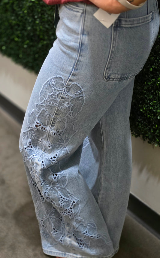 Cut-Floral Charm Wide Leg Jeans