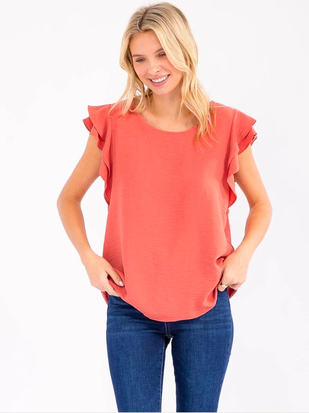 Rust Ruffle Sleeve Loose Fit Top