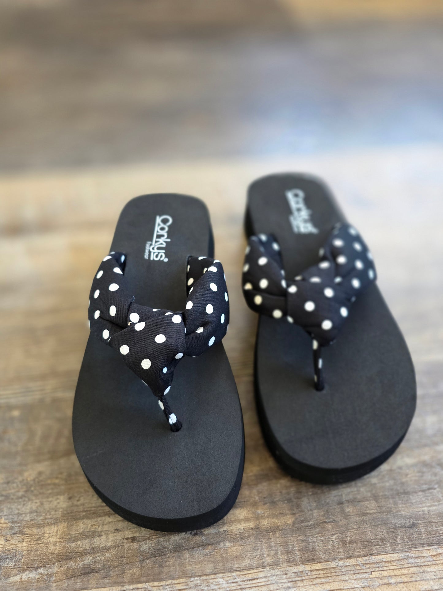 Black Polka Dot You Go Girl Corkys Flip Flops