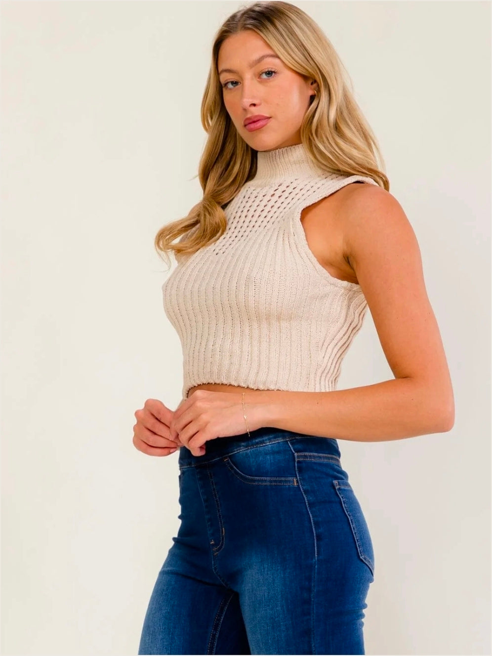 Beige Turtleneck Knit Crop Top