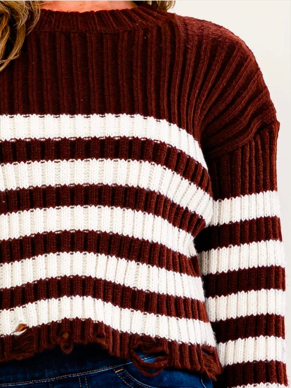 Brown Colorblock Stripes Distressed Sweater