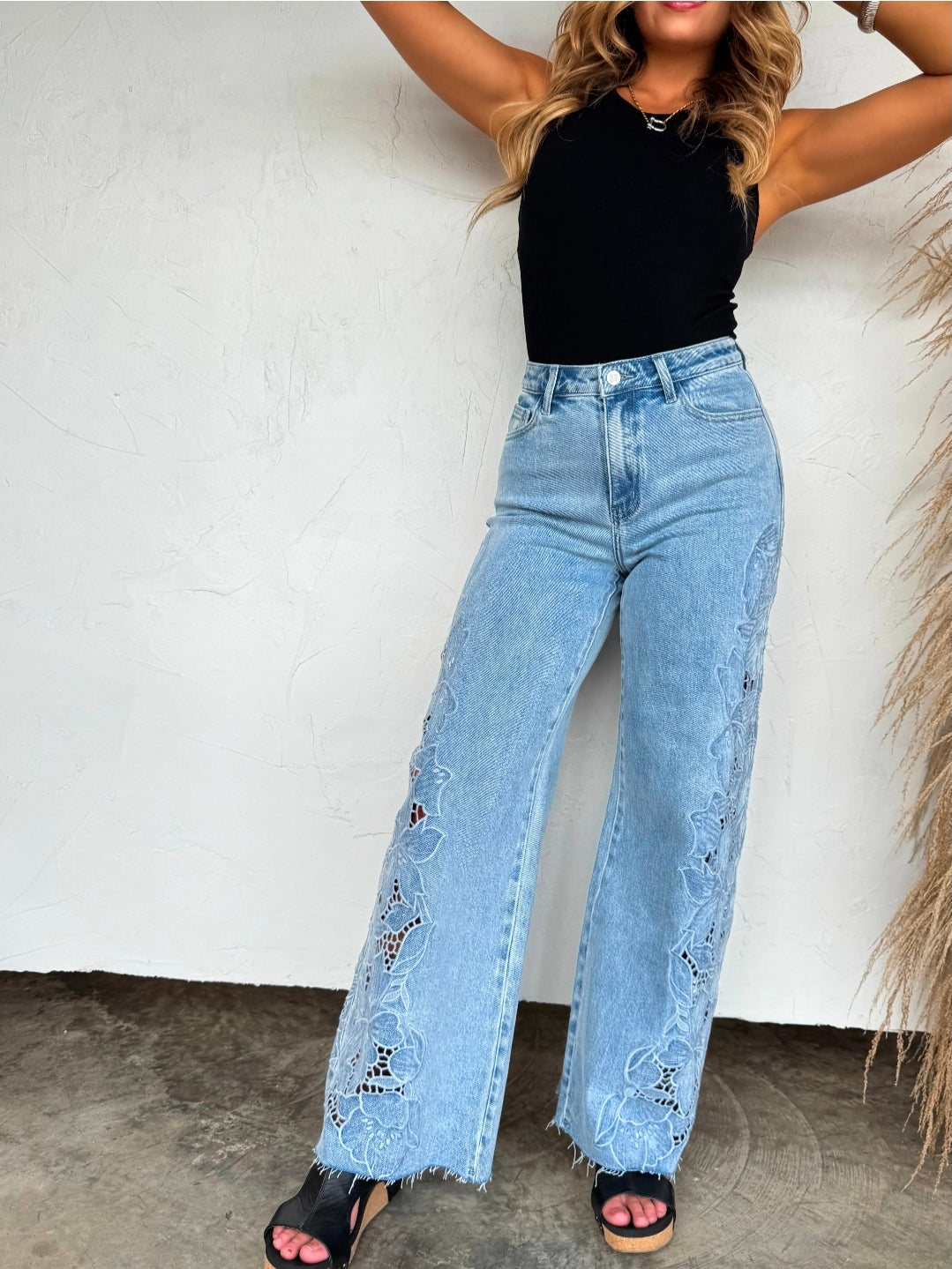 Cut-Floral Charm Wide Leg Jeans