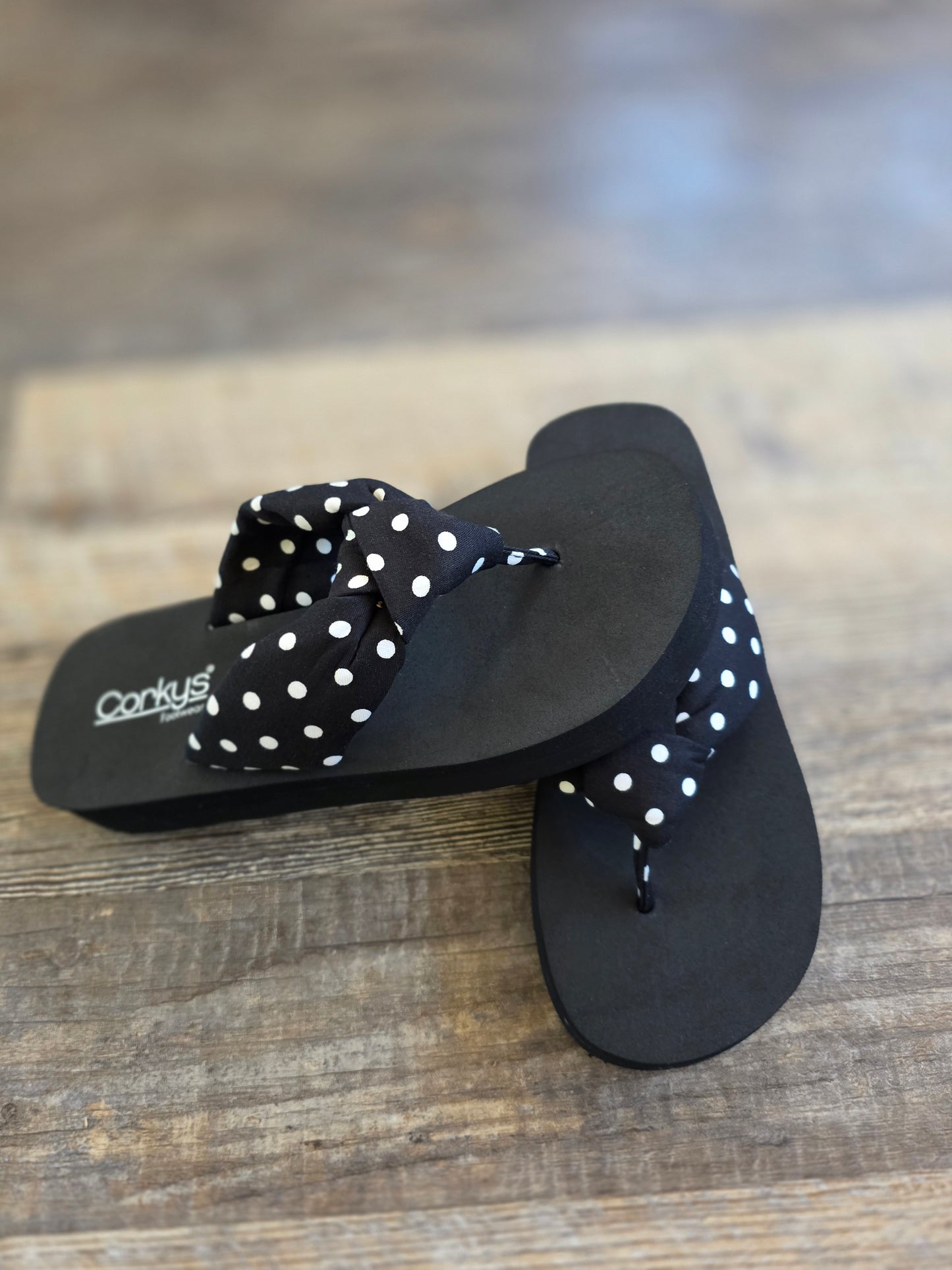 Black Polka Dot You Go Girl Corkys Flip Flops
