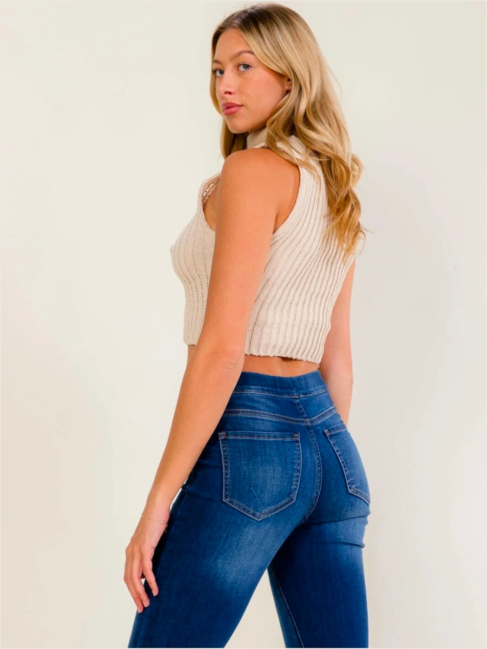Beige Turtleneck Knit Crop Top