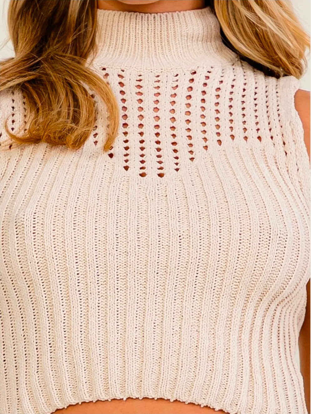 Beige Turtleneck Knit Crop Top