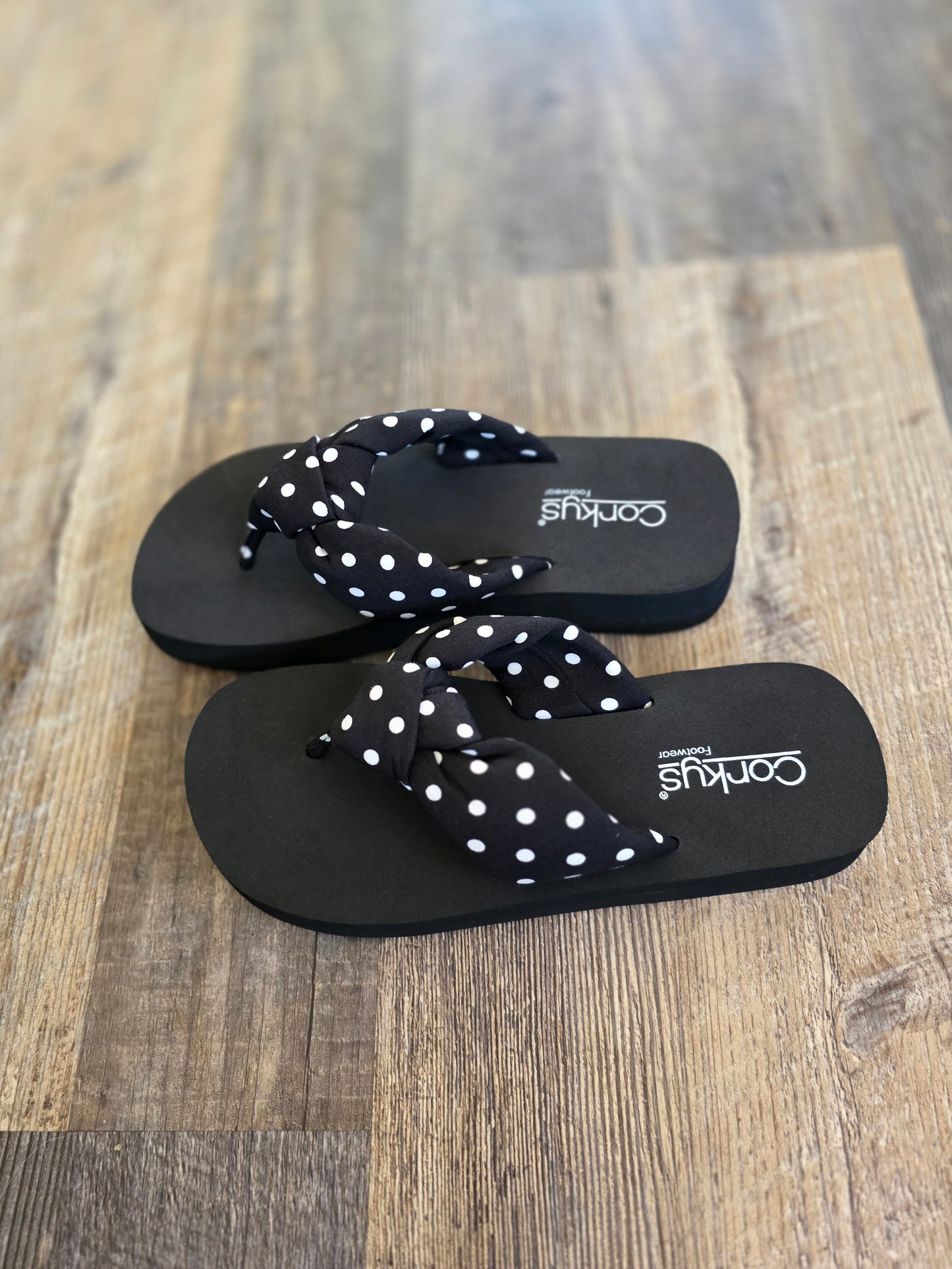 Black Polka Dot You Go Girl Corkys Flip Flops
