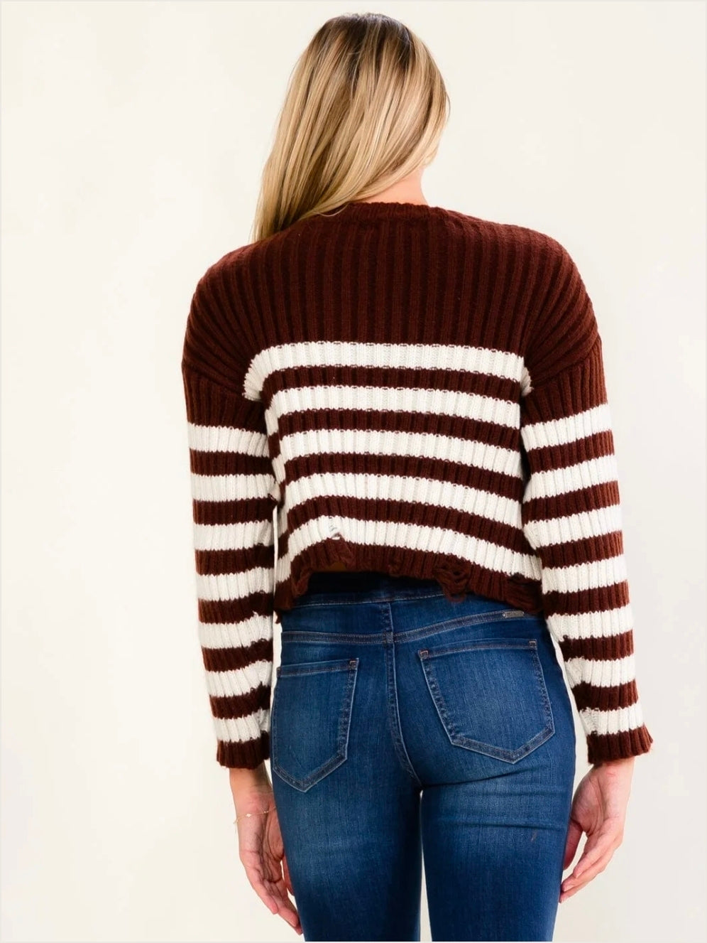 Brown Colorblock Stripes Distressed Sweater