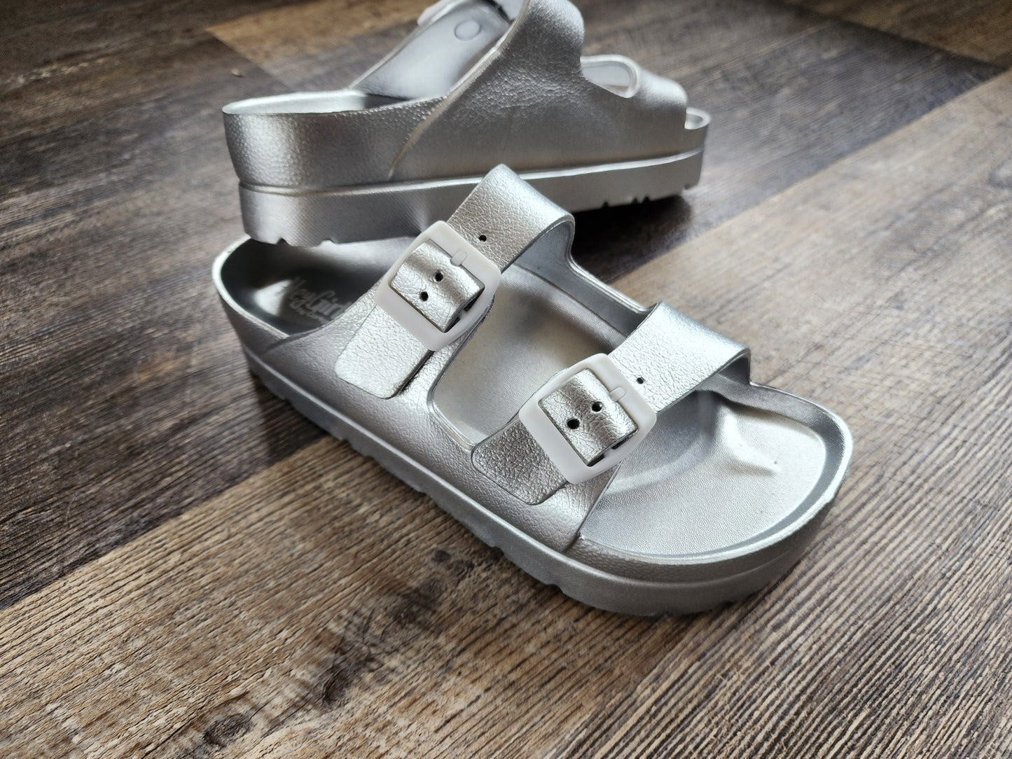 Silver Corkys Strap Slide Sandals