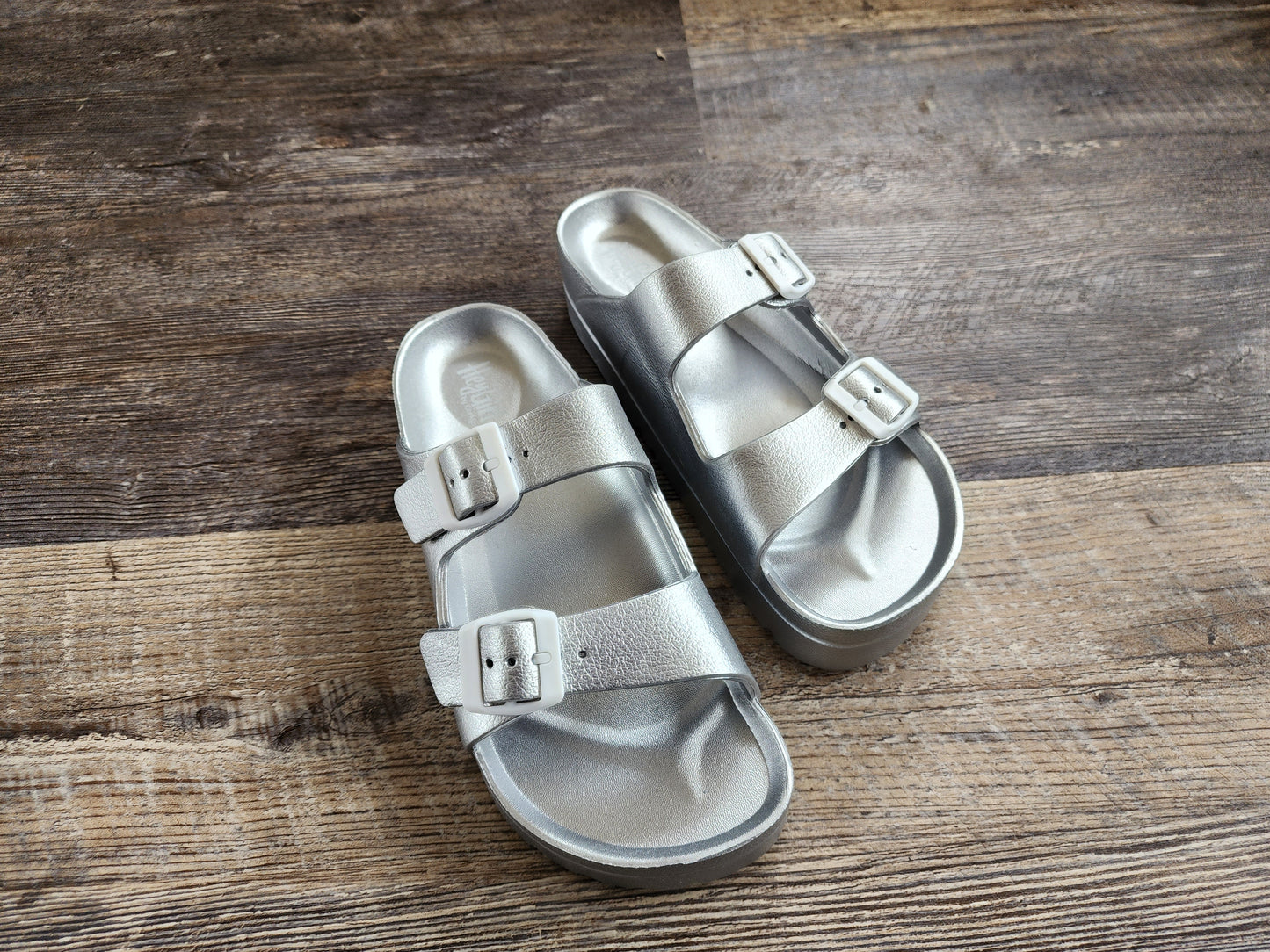 Silver Corkys Strap Slide Sandals