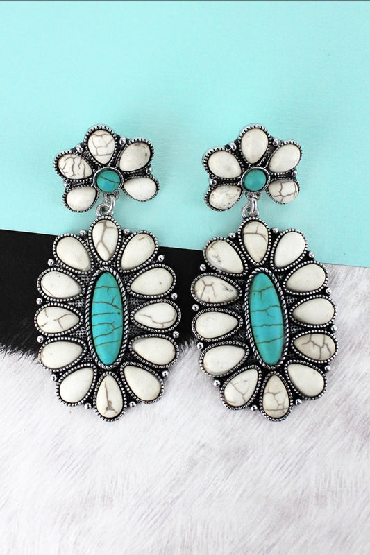 Western White and Beaded Oval Flower Drop Earrings