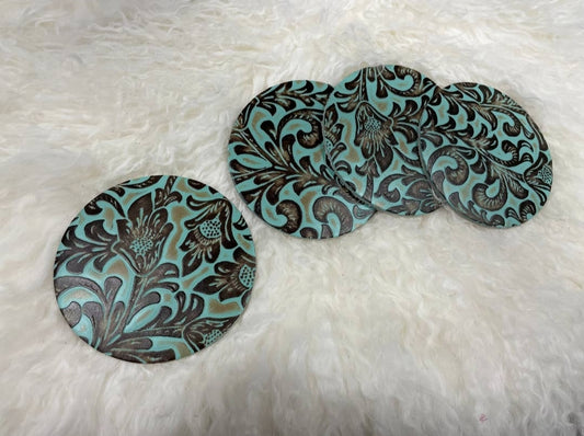 Turquoise Embossed Leather Coasters