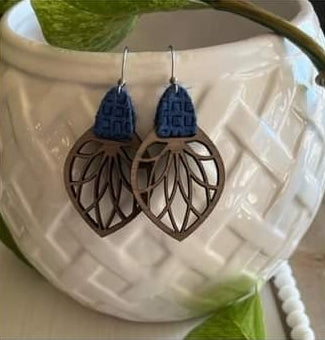 Blue Wood Dangle Earrings
