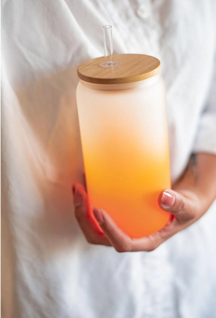 16 oz Frosted Glass Tumbler Cup with Bamboo Lid