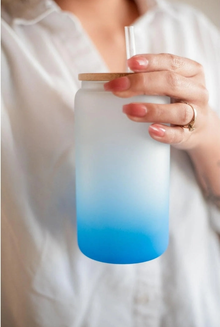 16 oz Frosted Glass Tumbler Cup with Bamboo Lid