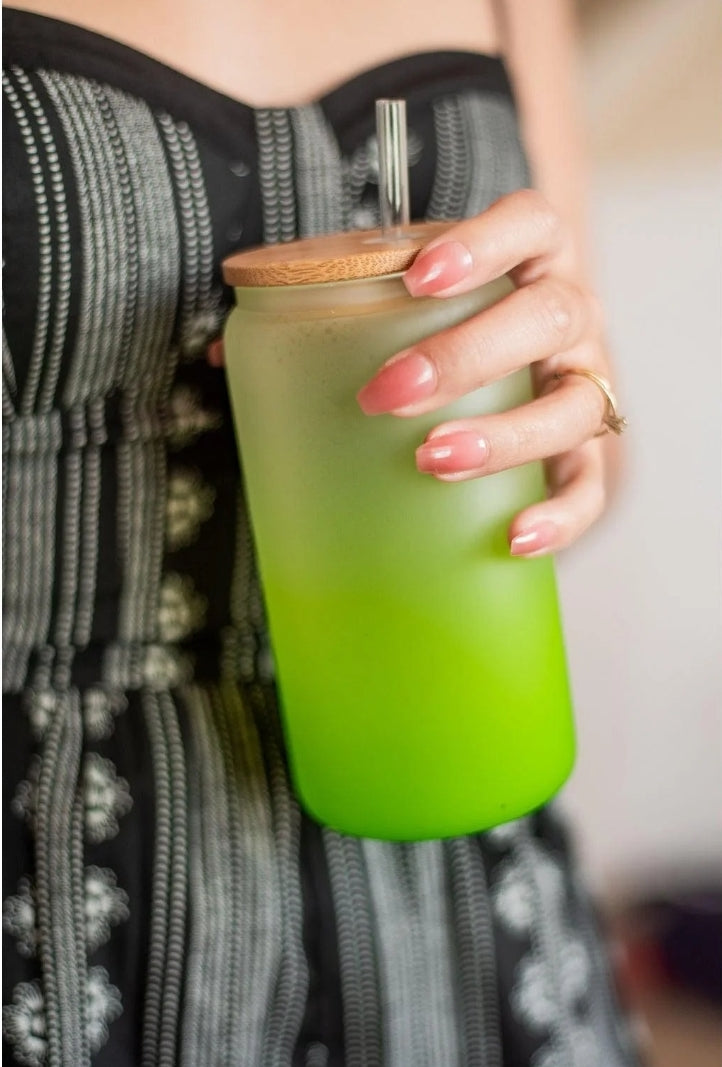 16 oz Frosted Glass Tumbler Cup with Bamboo Lid