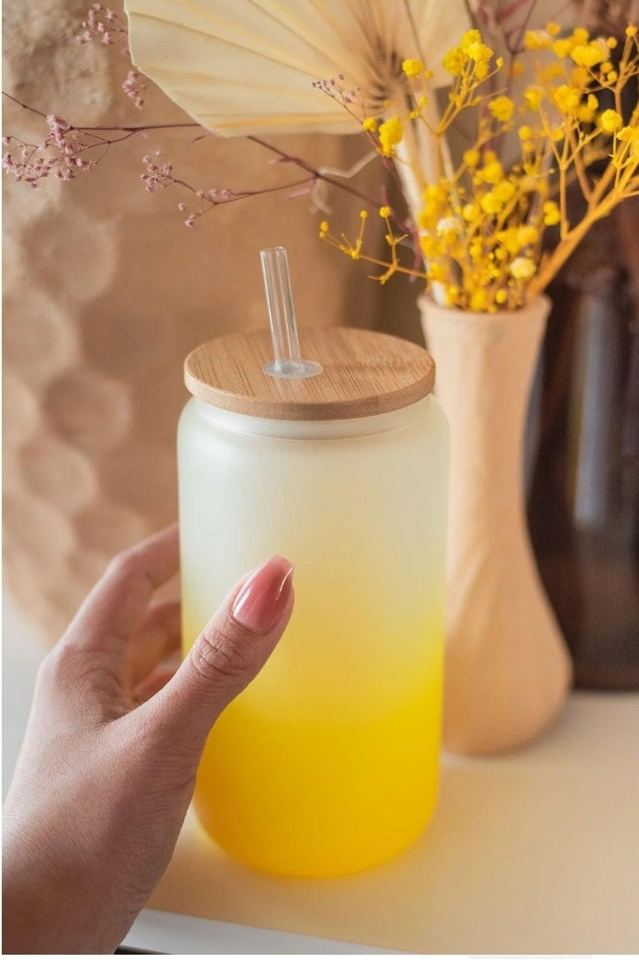 16 oz Frosted Glass Tumbler Cup with Bamboo Lid